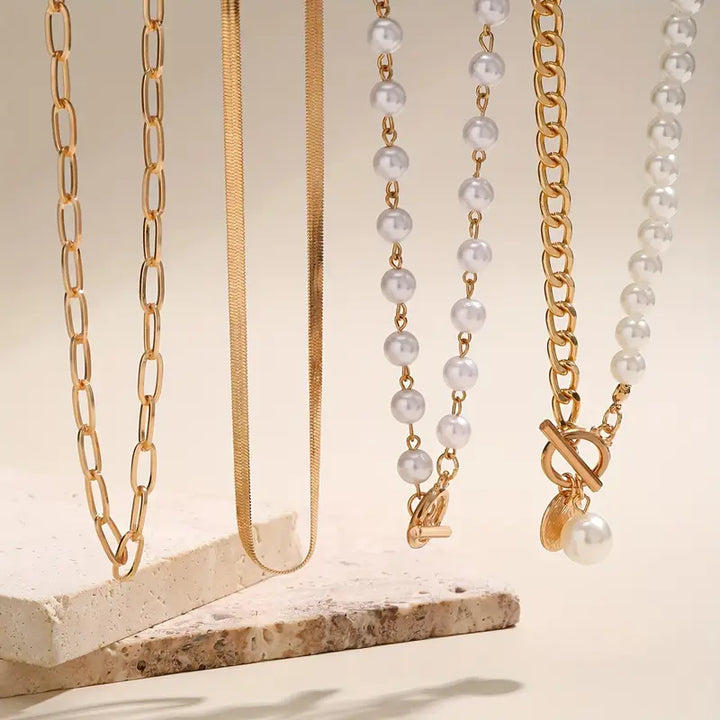 Vintage Pearl and Gold Snake Chain Necklace Set