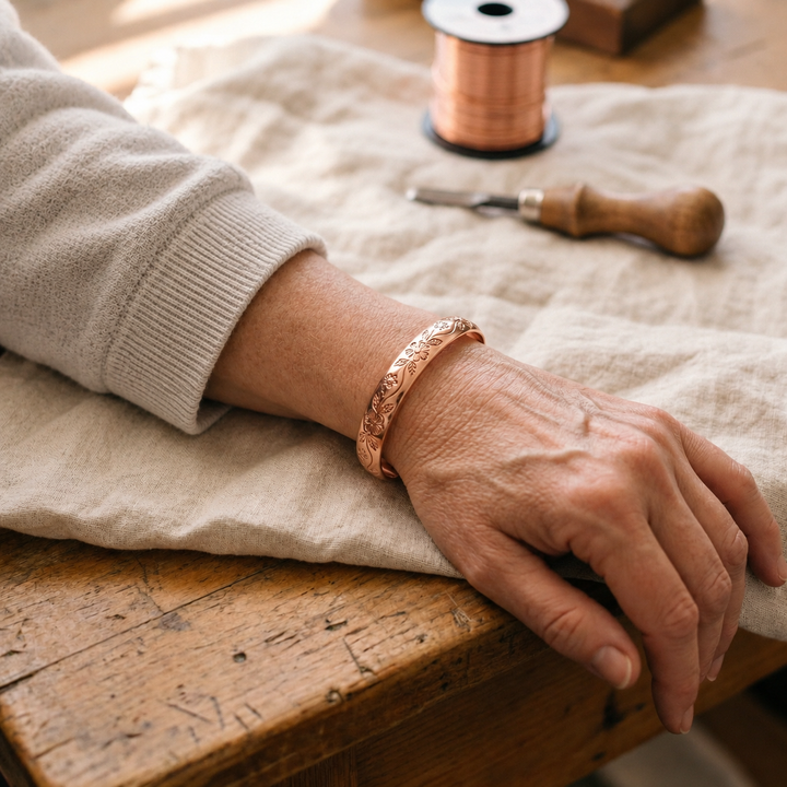 Eleanor copper cuff bracelet on the wrist