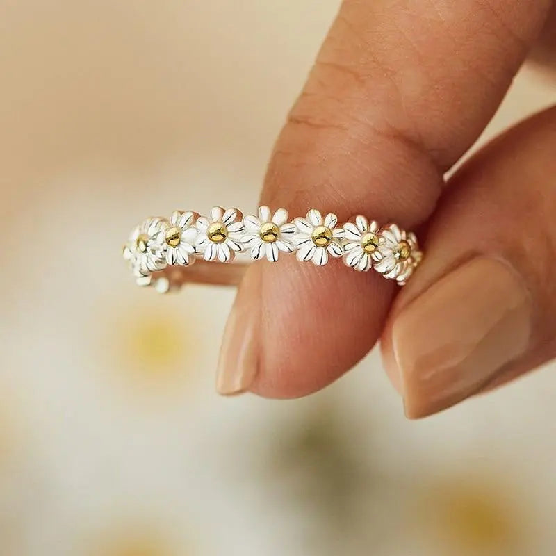 Silver Daisy Ring with Hand-Painted Enamel