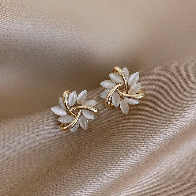 Gold White Opal Earrings