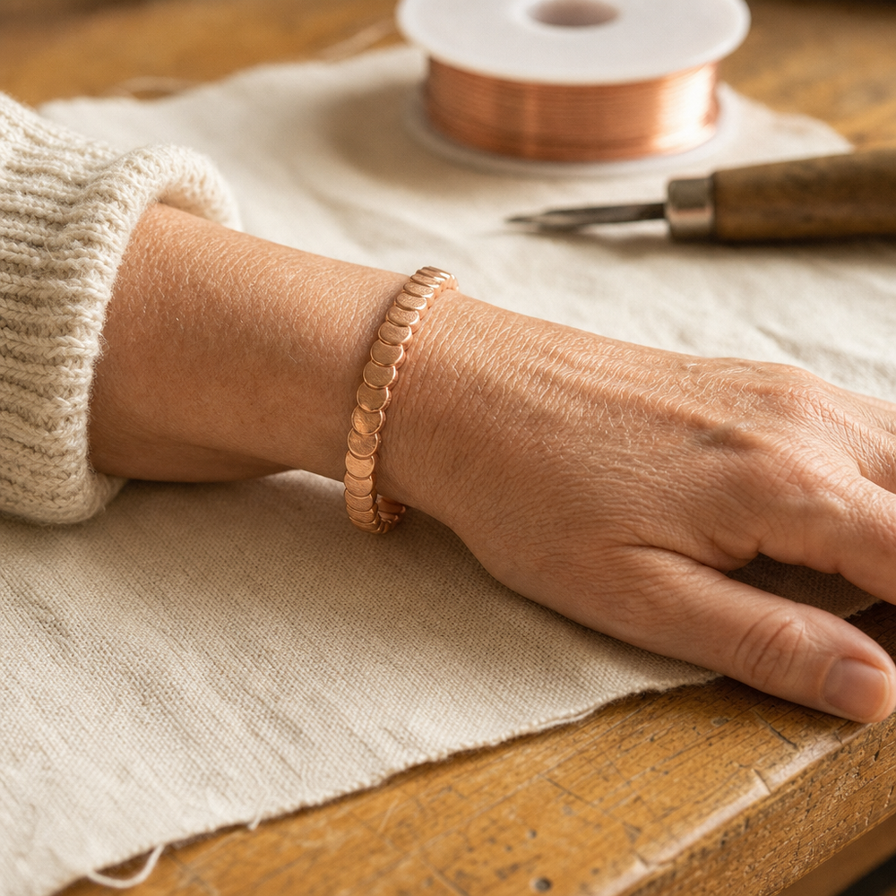 Sylvie copper cuff bracelet worn on the wrist